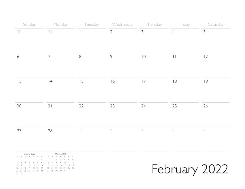 February 2022 Calendar Page